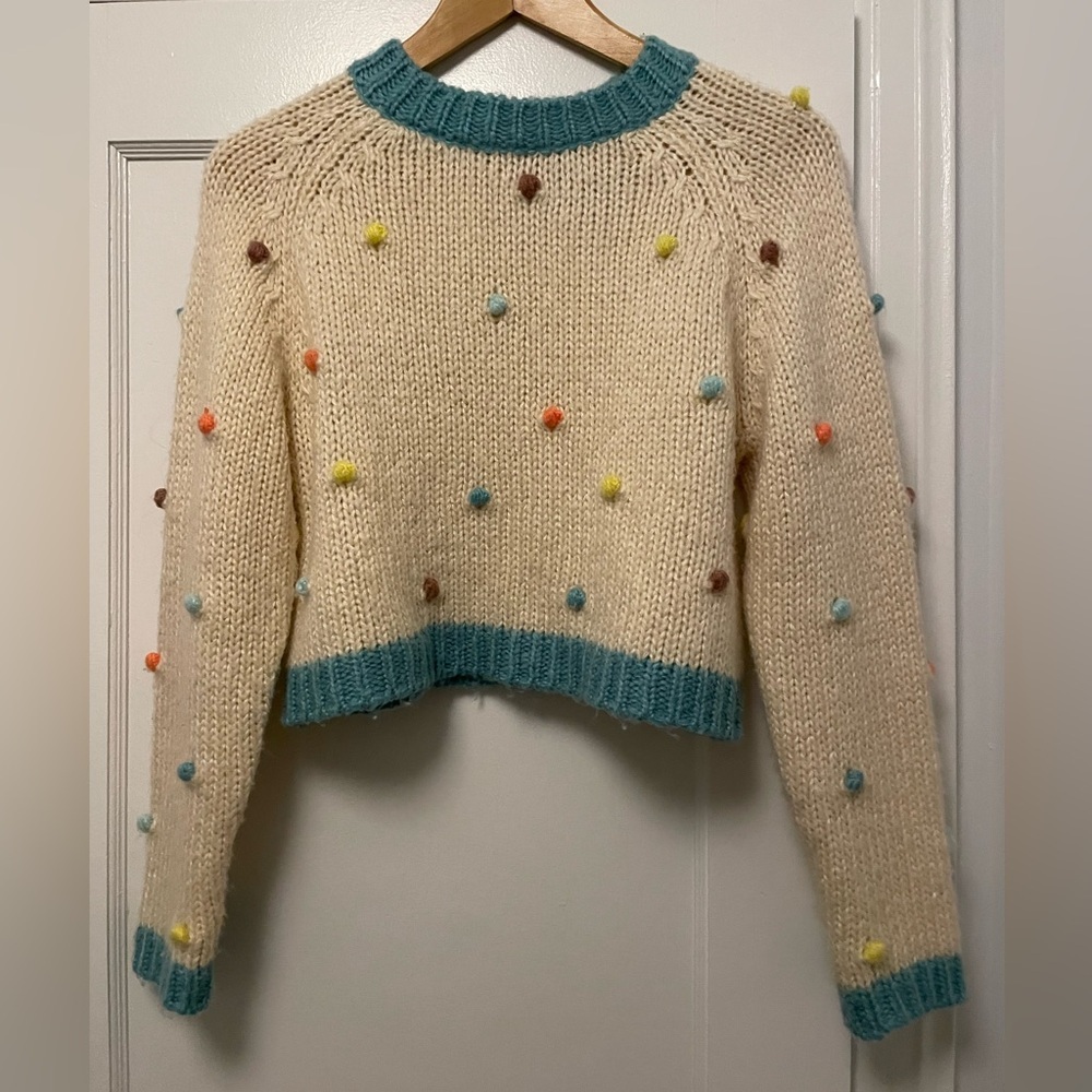 Kimchi Blue Cropped Sweater with Colorful Pom-Poms